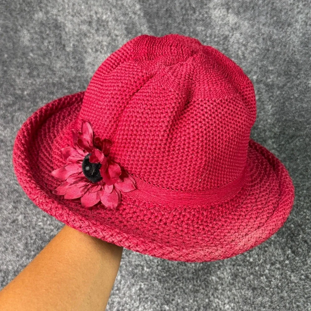 Red Knit Cloche Hat with Floral Accent Vintage Style Rolled Brim Women Accessory